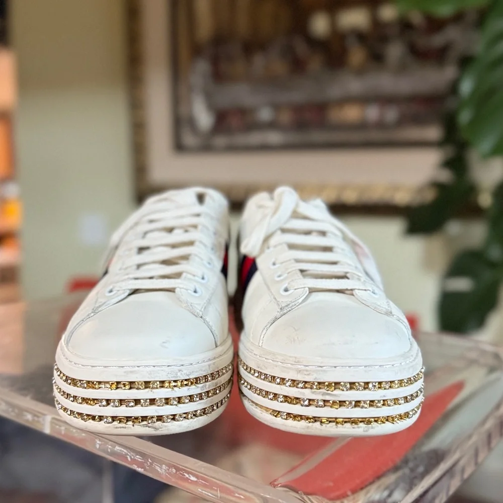 GUCCI Calfskin Crystal Web Bee Womens Ace Platform Sneakers 39 White - Picture 3 of 15
